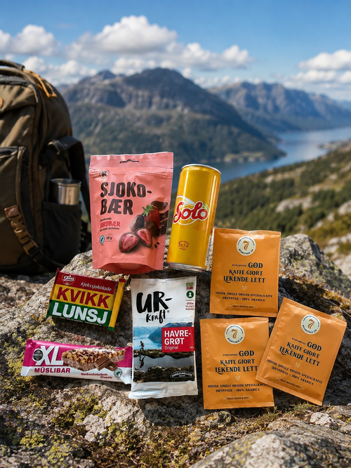 Jens norsk turpakke med kaffe, turmat og friluftsprodukter for fjellturer