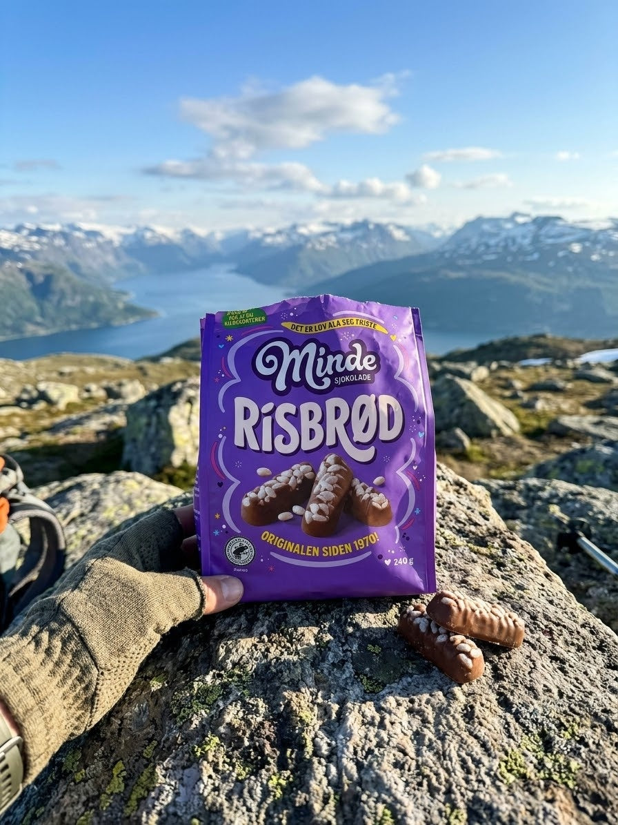 Minde Risbrød med melkesjokolade på fjelltur med utsikt over norsk fjord