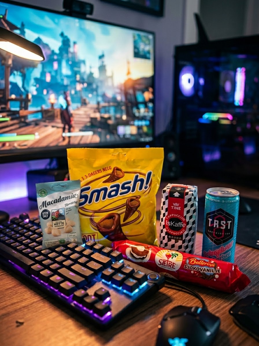 Daniel norsk gaming-gaveeske med snacks, energidrikk og godteri for gamere