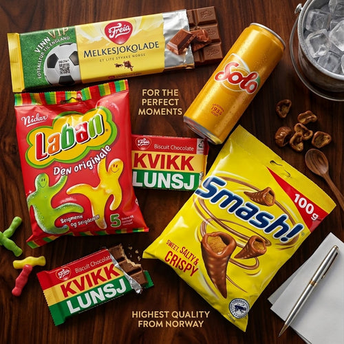 Odin norsk snacks- og koseboks med Kvikk Lunsj, Freia sjokolade og norske klassikere