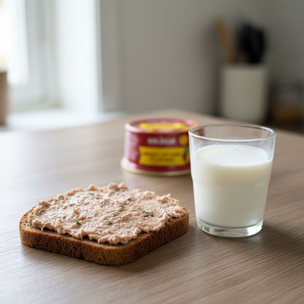 Grovbrød og melk — flat rund boks i bakgrunn