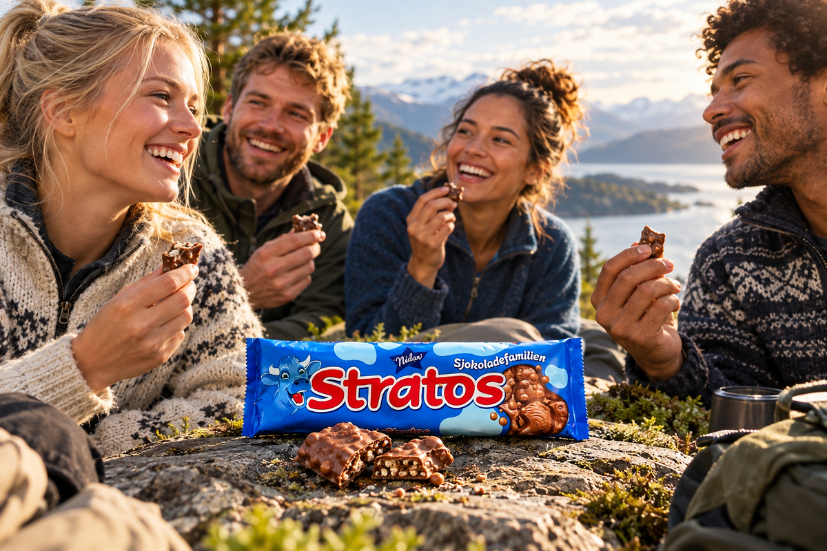 Smiling friends sharing Stratos 160g Norwegian bubble chocolate