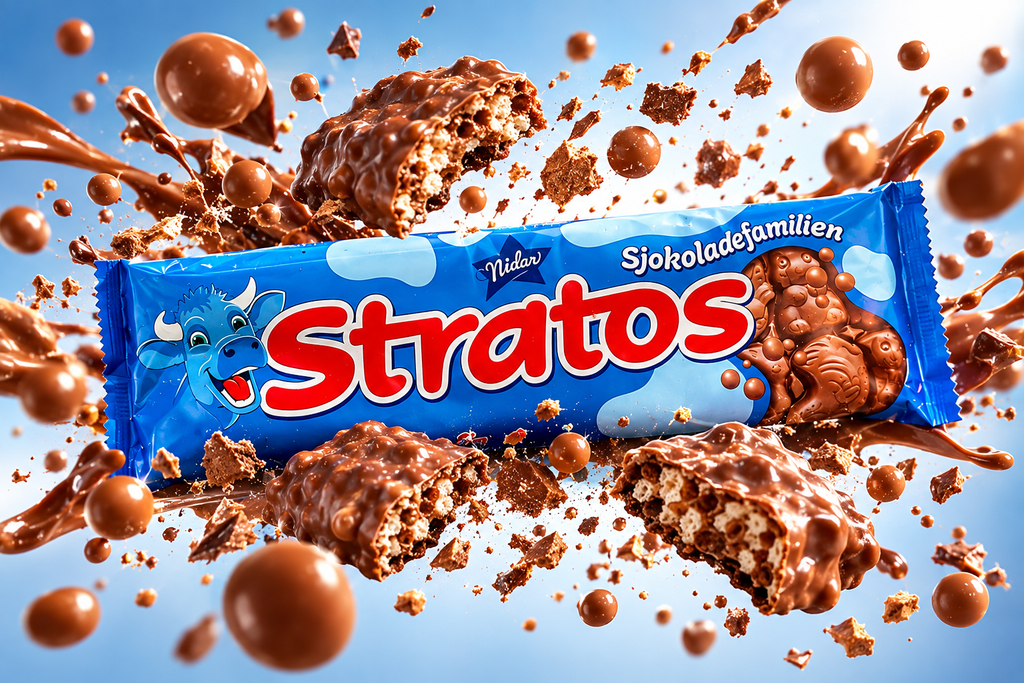 Stratos 160g package with airy milk chocolate pieces bursting outward, landscape advertising image