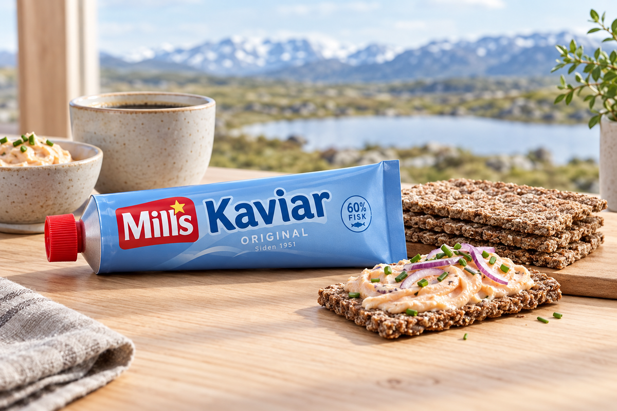 Blue Mills Kaviar tube with crispbread on a Norwegian breakfast table