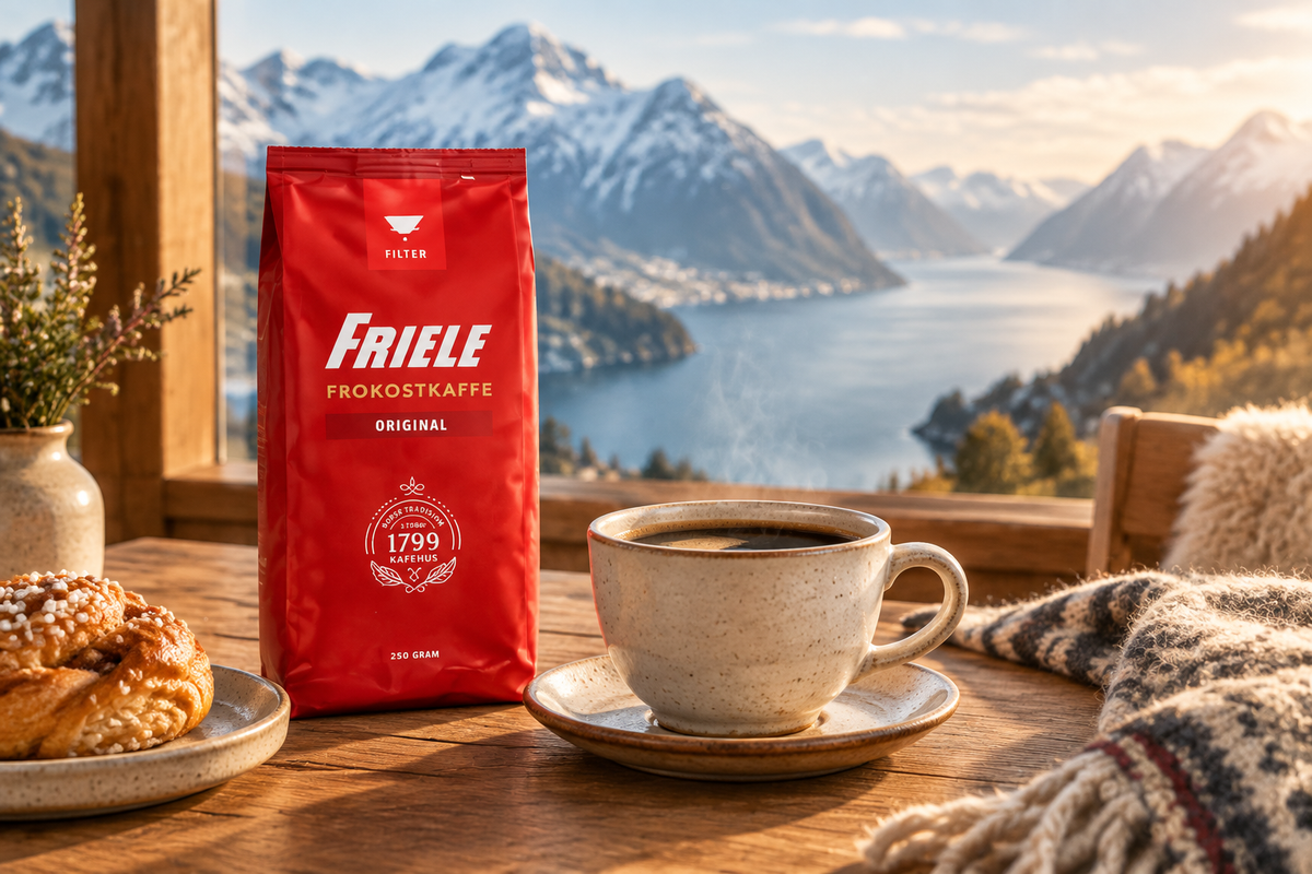 Friele Frokostkaffe beside freshly brewed coffee on a Norwegian breakfast table