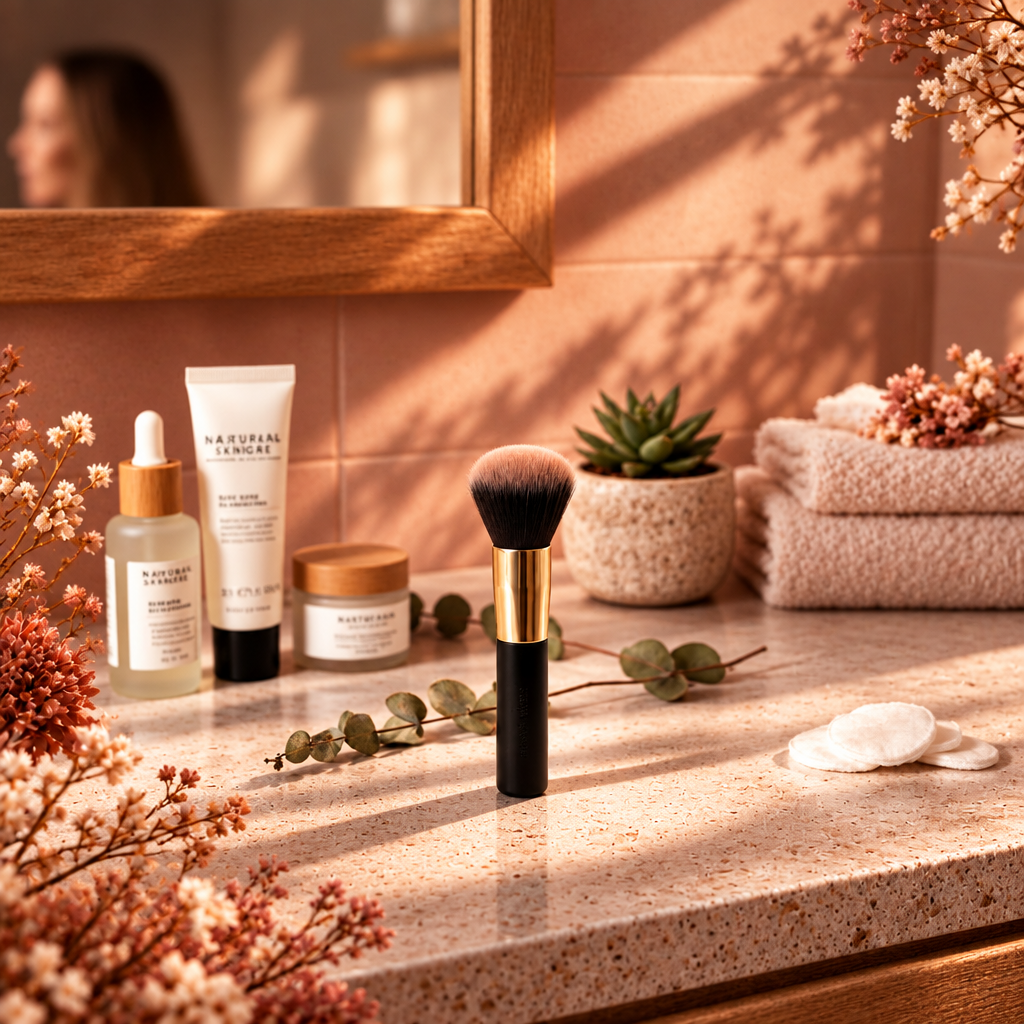 Levende Morgenritual-flatlay med Powder Brush